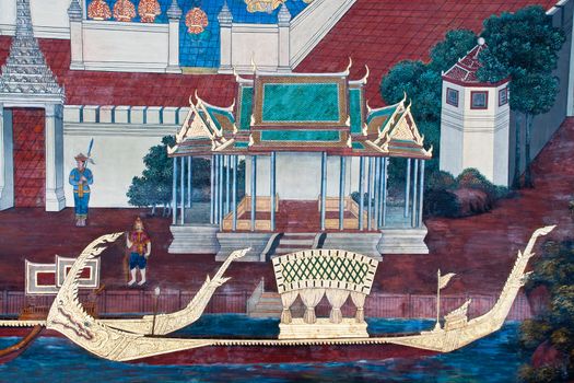 Thai Mural Painting on the wall, Wat Phra Kaew, Bangkok, Thailand (Ramayana story). The temple is created with money donated by people it is public domain and open to the public Visits.