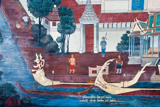 Thai Mural Painting on the wall, Wat Phra Kaew, Bangkok, Thailand (Ramayana story). The temple is created with money donated by people it is public domain and open to the public Visits.