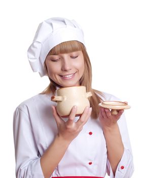 attractive woman keeps a pot of food, white background