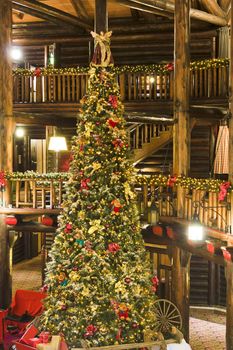 A 3-storey Christmas Tree in the Fairmont Chateau Montebello Hotel in Canada.