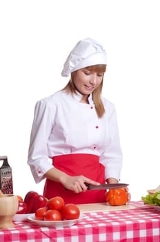 attractive woman cuts vegetables, cooking dinner, white background