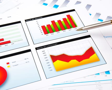 Drawings and charts of successful business, workplace of the businessman