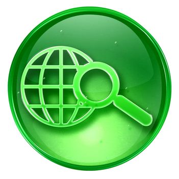 Globe and magnifier icon green, isolated on white background. 
