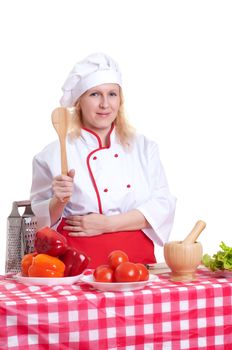 Portrait of attractive cook woman, holding trowel