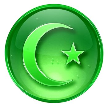 moon and star icon green, isolated on white background.