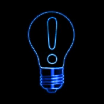 Glowing Attention sign in light bulb over black