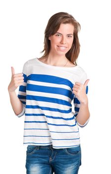 Attractive young woman giving the thumbs-up, isolated on a white background