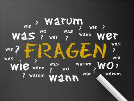 Dark chalkboard with the word fragen illustration. 