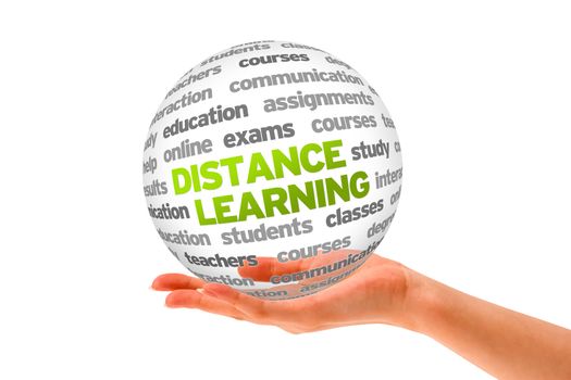 Hand holding a 3d Distance Learning Sphere on white background. 