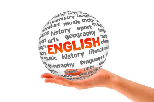 Hand holding a 3d English Word Sphere on white background. 