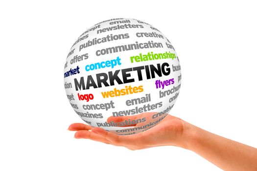 Hand holding a 3d Marketing Sphere on white background. 