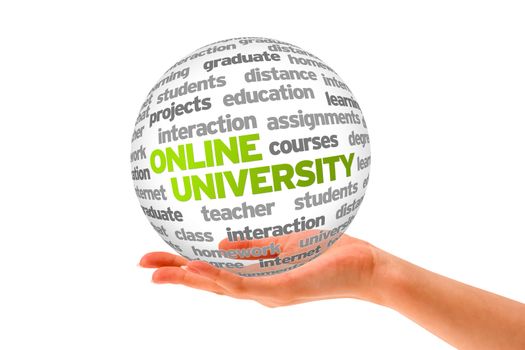 Hand holding a 3d Online University Sphere on white background. 
