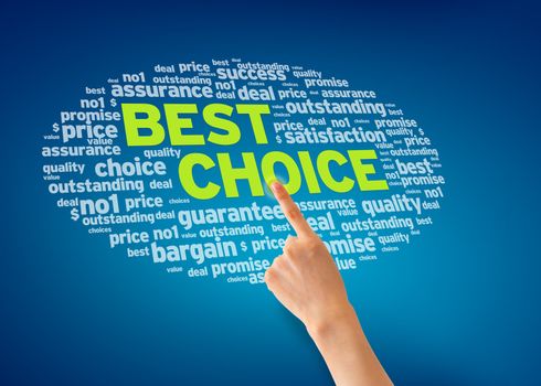 Hand pointing at a Best Service word cloud on blue background. 