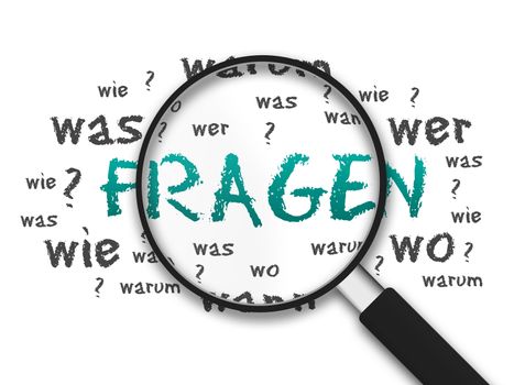 Magnified illustration with the word Fragen on white background.