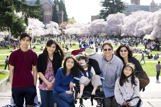 Multiracial family of seven in front of crowded field of cherry blossom trees. Youngest child is disabled with cerebral palsy.