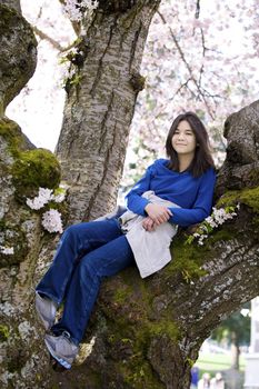 Young biracial teen girl sitting in cherry tree in full bloom