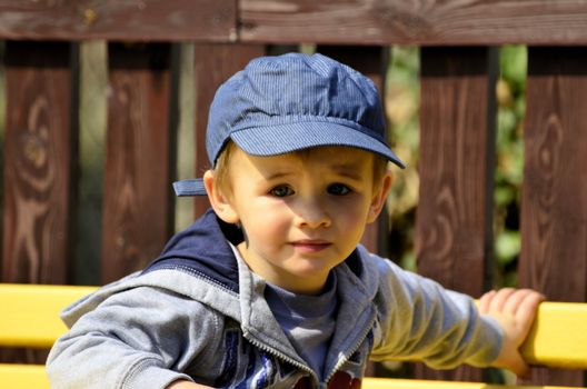 The picture shows a small boy who sat in play on a bench in the garden.