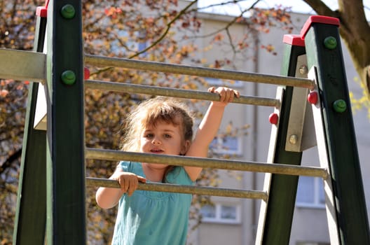 Photo shows a little girl climbing the ladder at the playground in the park.