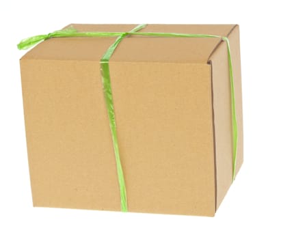 Corrugated cardboard box with green rope