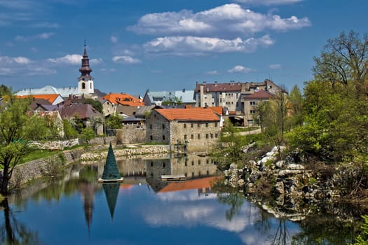 City of Gospic river reflections, Lika region, Croatia