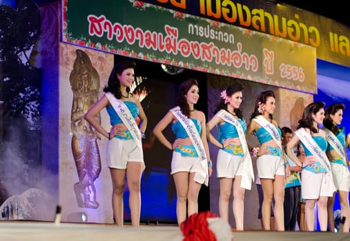 Prachuap Khiri Khan, THAILAND - March 2nd:Unidentified Competitors during the "Miss Sam-All beauty contest 2013" at Prachuap Khiri Khan province on March 2nd, 2013 in Prachuap Khiri Khan, Thailand. 