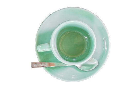 coffee cup green color on white background, top view