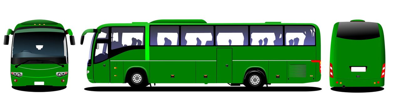 City bus. Tourist coach. Frontal, rear, side view. Vector illustration