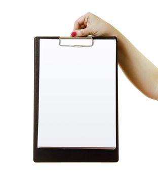 hand with a clipboard on a white background