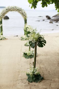 Ceremony set-up for a wedding in beach Thailand.