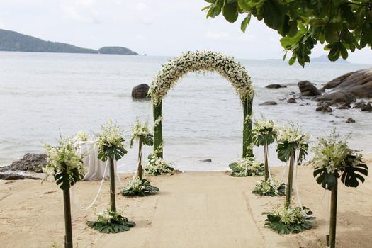 Ceremony set-up for a wedding in beach Thailand.
