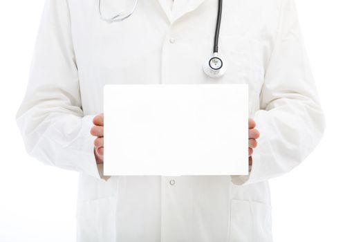 Doctor or nurse with stethosccope over the shoulder holding a small blank poster with space for your message or text