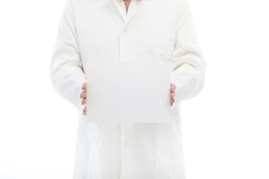 Man in labcoat holding a small blank poster waisthigh with room for your message or text
