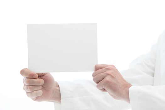 Man holding blank white card with room for your message or text off to the side for reading