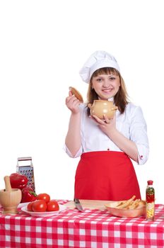 attractive woman keeps a pot of food, white background