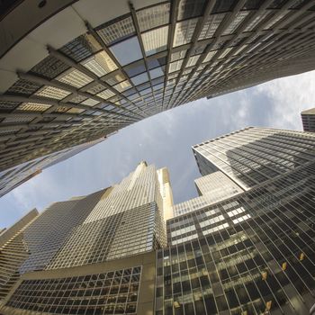 Fisheye upward view of New York City Skyscrapers, U.S.A.