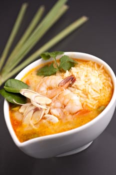 Thai shrimp soup bowl with nice garnish.