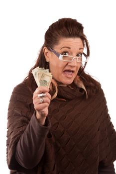 Woman holding money in her hand and shouting or cheering isolated on white.  A great concept for auction bidding or even shopping.