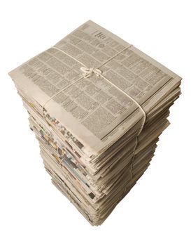 Overhead view of a stack of bound newspapers for recycling