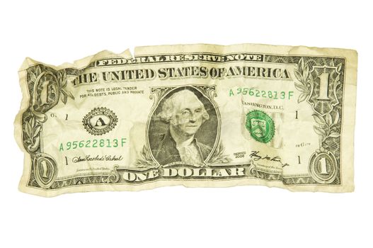 Single crumpled dollar bill against white background