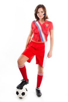 Photo of a beautiful young girl, the upper body is painted with colors in the style of the shape of the Russian national team
