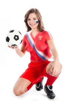 Photo of a beautiful young girl, the upper body is painted with colors in the style of the shape of the Russian national team