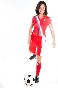 Photo of a beautiful young girl, the upper body is painted with colors in the style of the shape of the Russian national team
