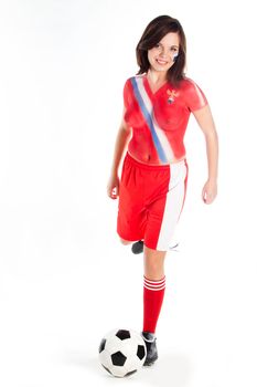 Photo of a beautiful young girl, the upper body is painted with colors in the style of the shape of the Russian national team