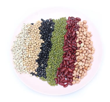 Varieties of beans on Dish, Job Tear, Soy Bean, Black Bean, Mung Bean, Red Kidney bean, Ground bean