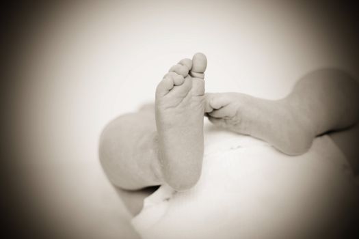 foot of newborn baby as close up