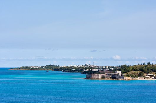 Fort St. Catherine in St. George's Bermuda viewed from the ocean. This fort was built in 1614.