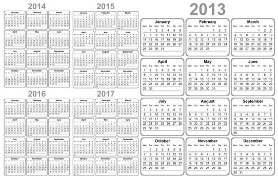 Calendar 2012, 2013, 2014, 2015, 2016, 2017