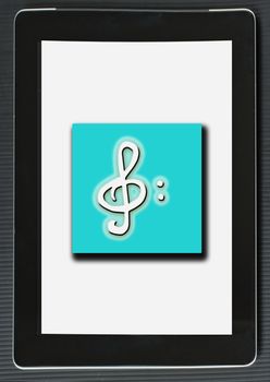 Treble clef over lite blue square, on the screen of a tablet