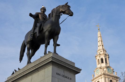King George IV Statue and St Martin-in-the-Fields church in London.