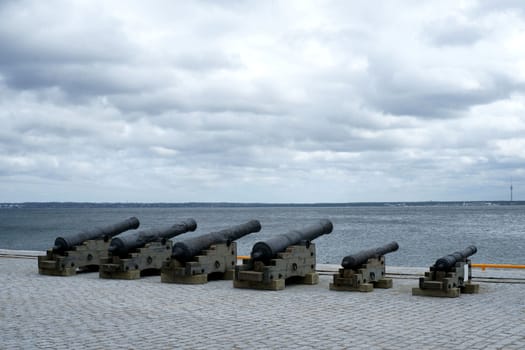 Old guns are on coast on a background of the sea